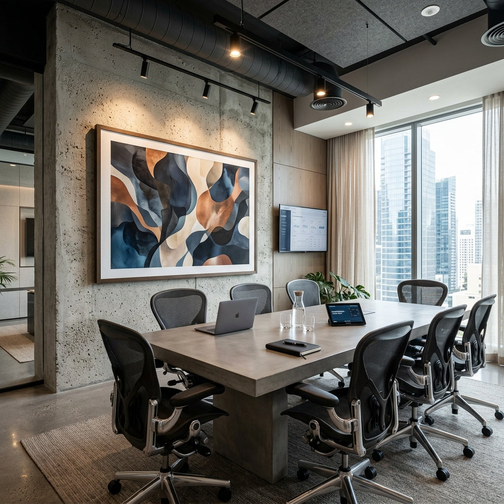 Gallery-quality modern photography by New Common Stock displayed in a sophisticated boutique hotel lobby and modern corporate office.