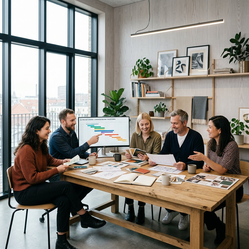 The creative team at New Common Stock collaborating in a modern, bright art collective studio.